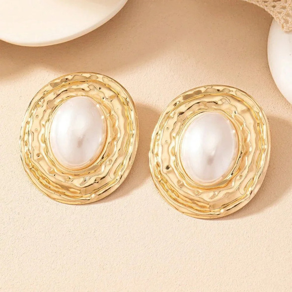 Yellow Gold Women's Geometric Texture Oval Pearl Inlay Pendant Vintage Earrings - Picture 6 of 6